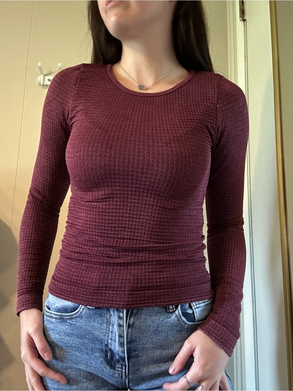Aura Long Sleeve Waffle Knit Top - Maroon